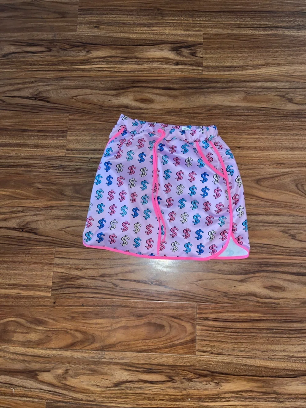 Pink Dollar Sign Print stretch mini Skirt with Neon Trim with pockets